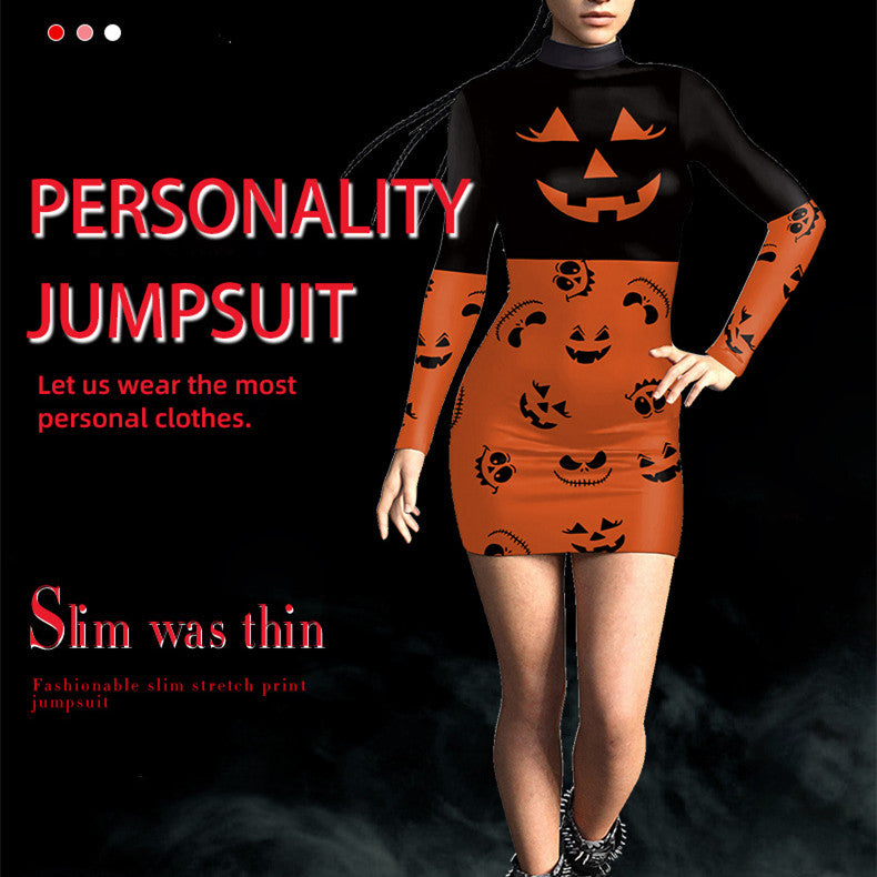 Women's 3D Digital Printing Pumpkin Slim-fit Long-sleeved Sexy Tight Hip Skirt