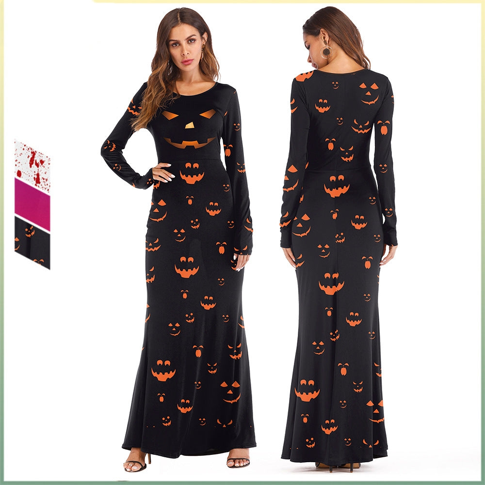 Women's Round Neck And Long Pattern Long-sleeved Pumpkin Digital Printed Dress - QWIEL®