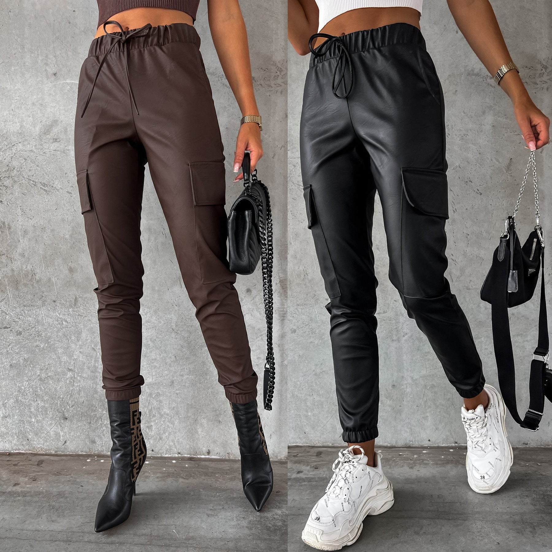 Women's Waist-tight Street Tether Leather Pants