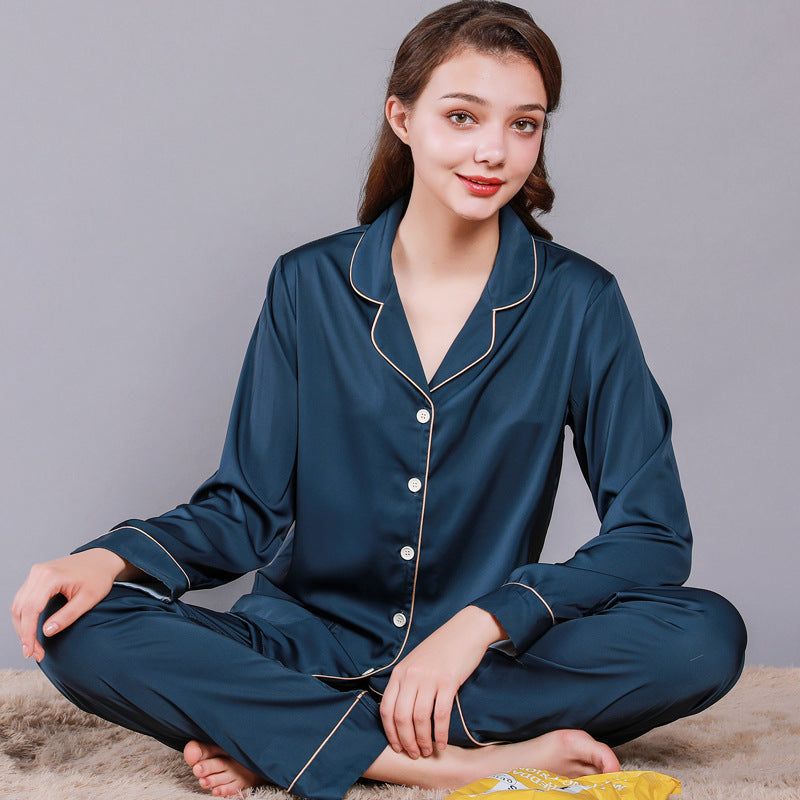 Women's Summer Silk-like Long Sleeve Two-piece Pajamas