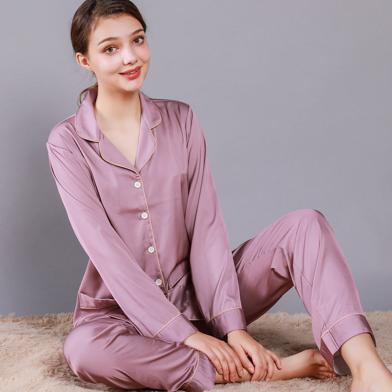 Women's Summer Silk-like Long Sleeve Two-piece Pajamas