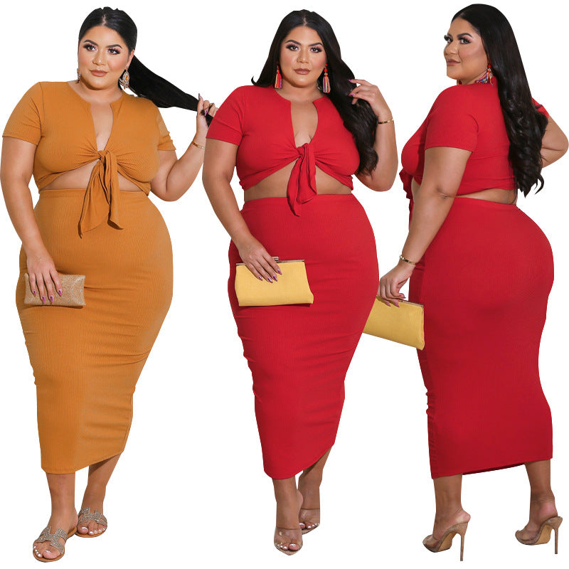 Women's Midriff-baring Top Mid-length Dress Set