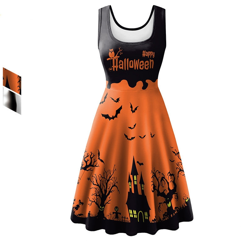 Women's Halloween Sleeveless Horror Bat Skeleton Digital Printed Dress - QWIEL®