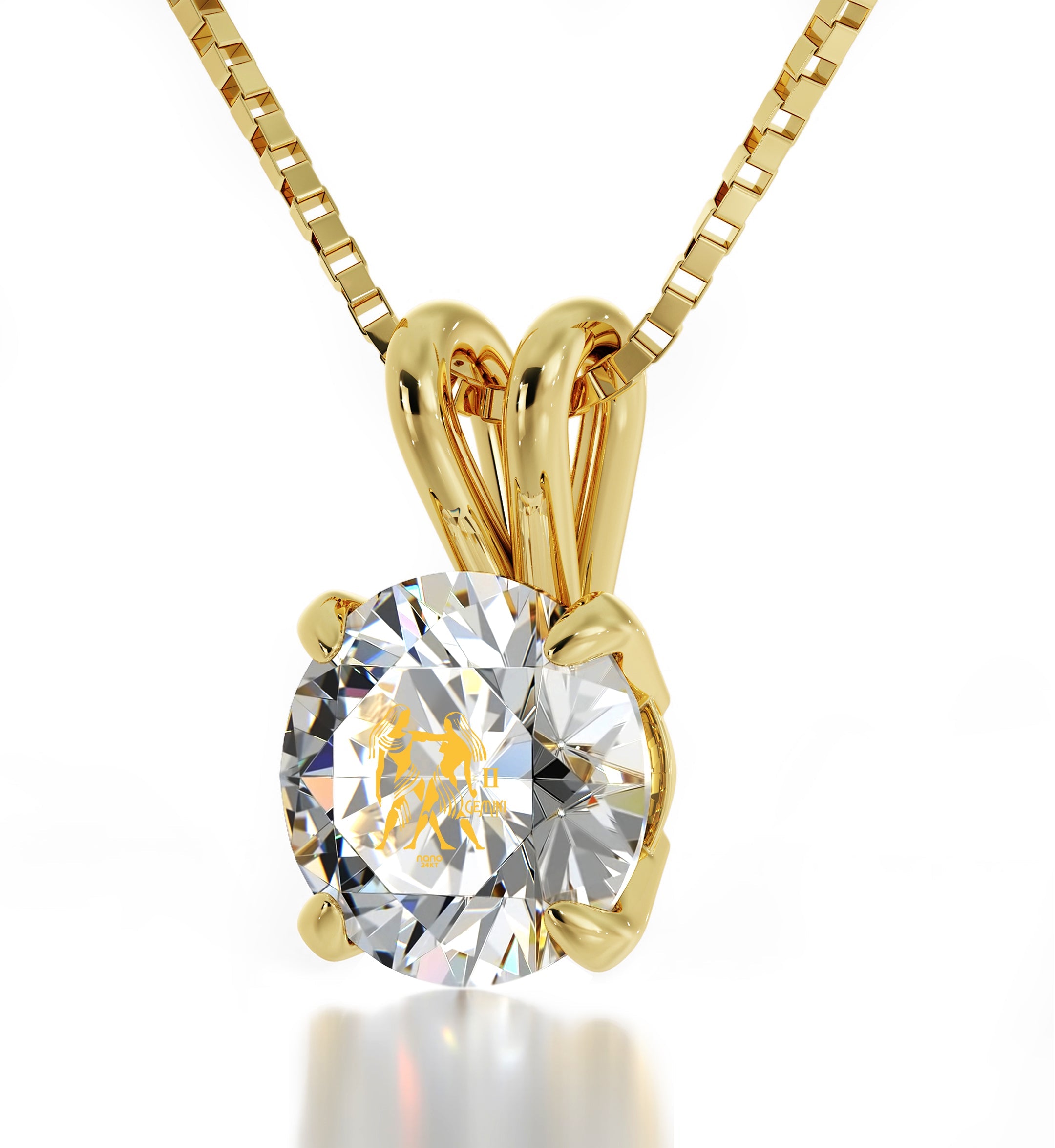 14k Yellow Gold Gemini Necklace Zodiac Pendant 24k Gold Inscribed on Crystal