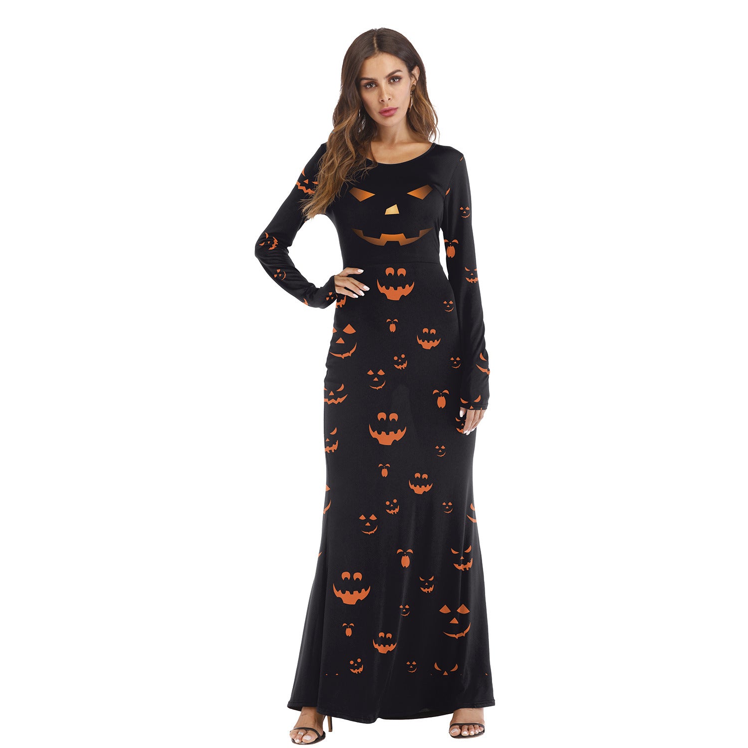 Women's Round Neck And Long Pattern Long-sleeved Pumpkin Digital Printed Dress - QWIEL®