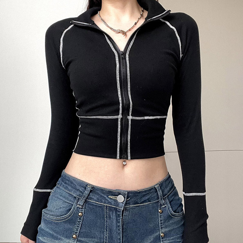 Women's Fashion Casual Contrast Color Zipper Tight Long Sleeve - QWIEL®