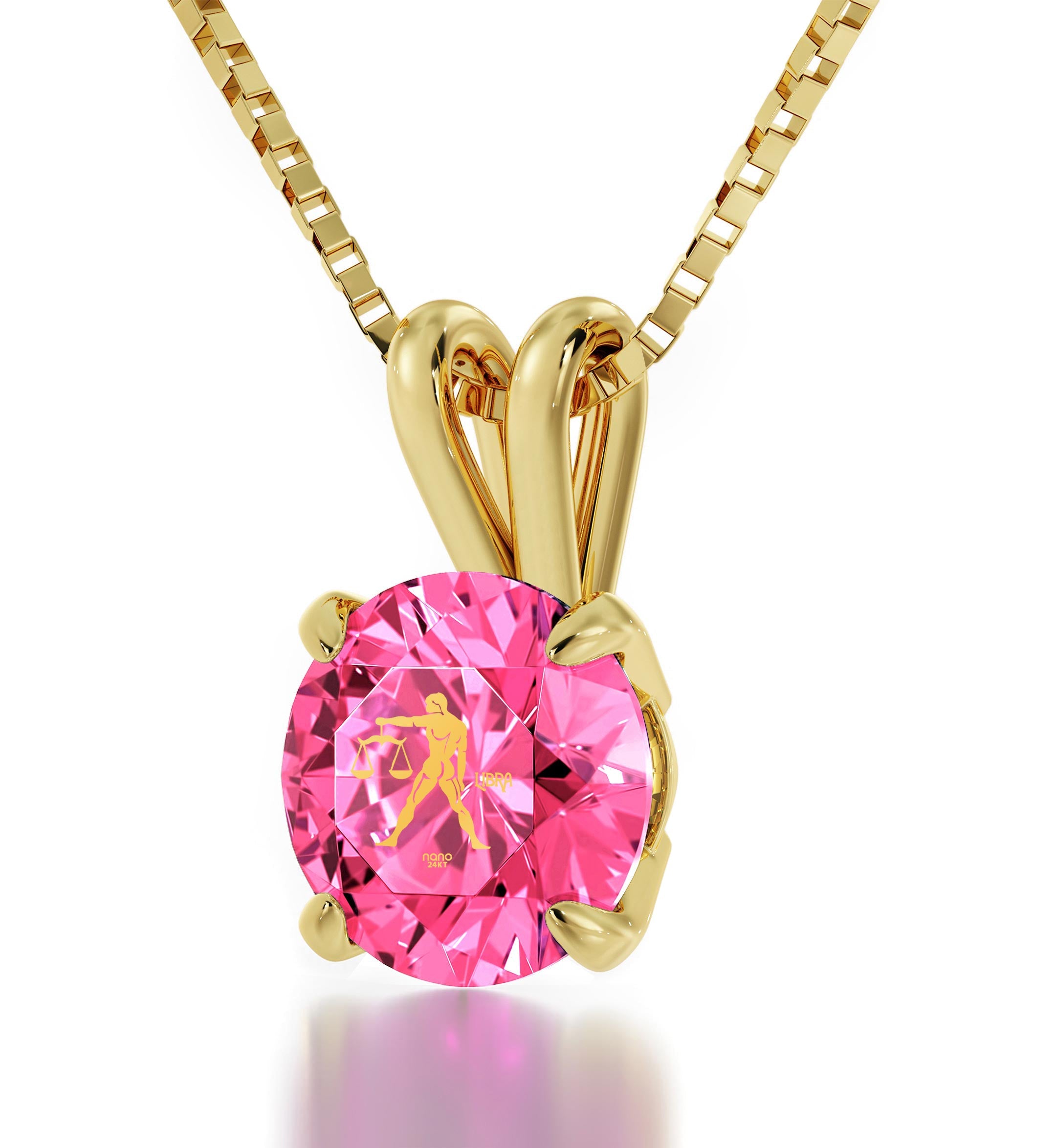 14k Yellow Gold Libra Necklace Zodiac Pendant 24k Gold Inscribed on Crystal