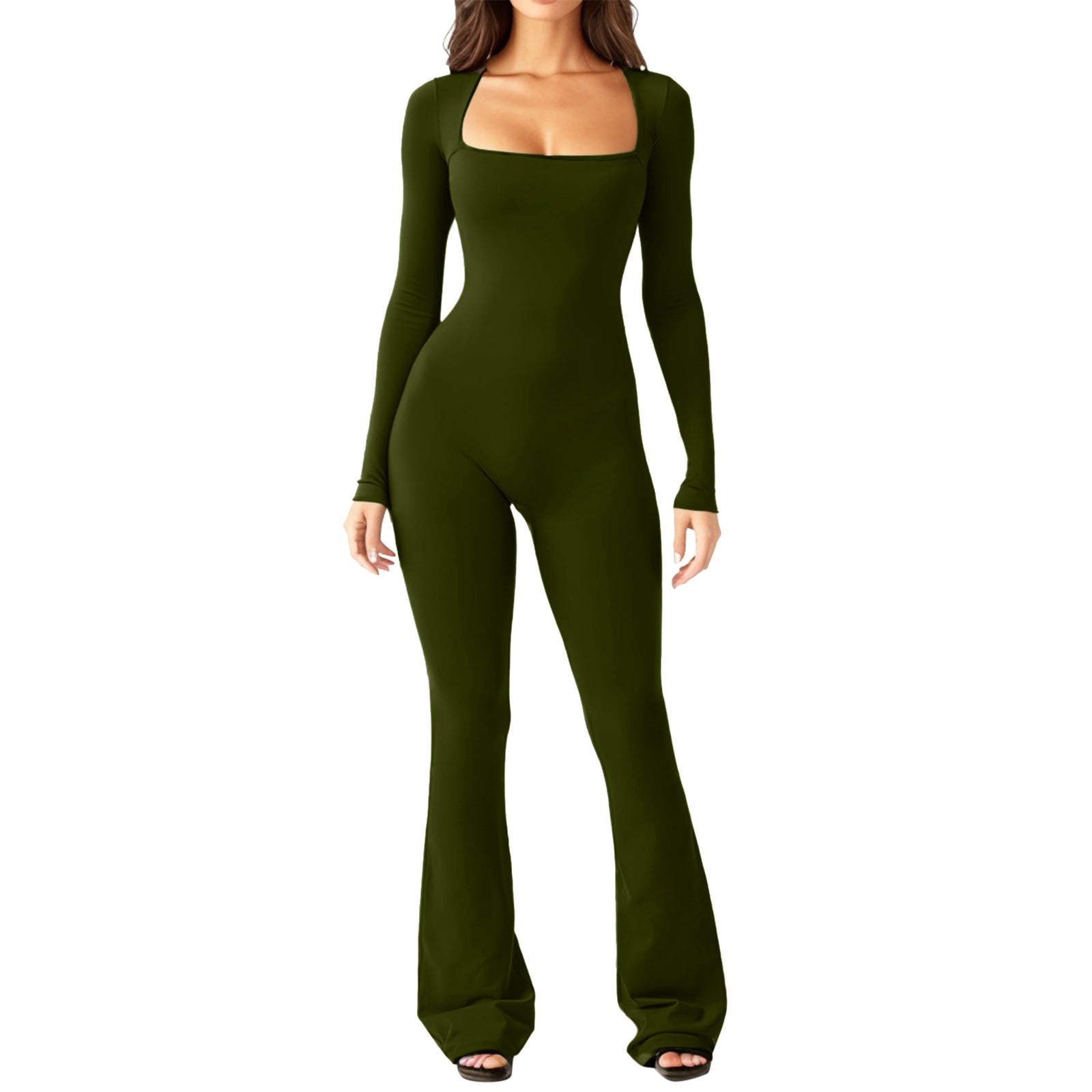 Women's Long Sleeve Belly Waist Shaping And Hip Lift Square Collar Wide Leg Jumpsuit