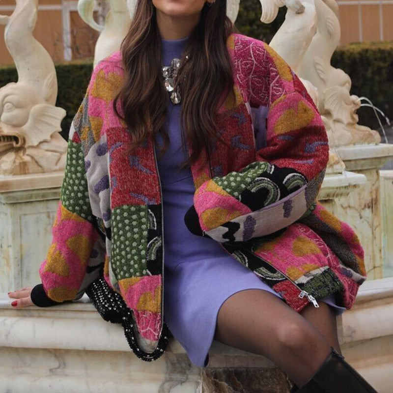 Women's Comfort And Casual Loose And Warm Geometric Printed Sweater Coat