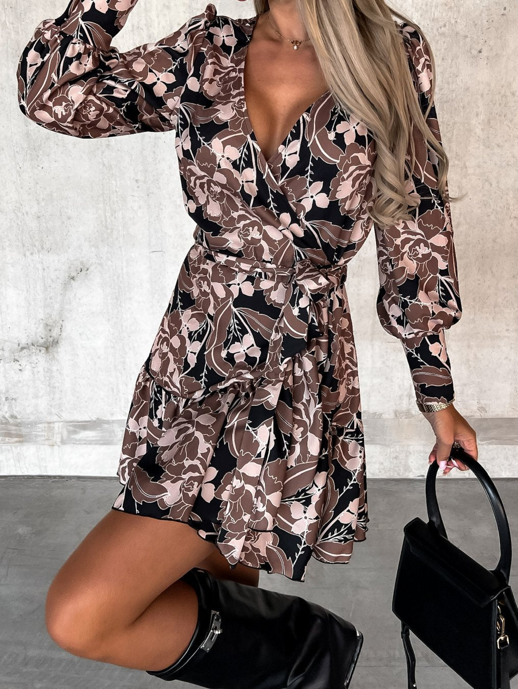 Women's Long-sleeved Fashion Printed Waist-controlled Lace-up Shirt Dress