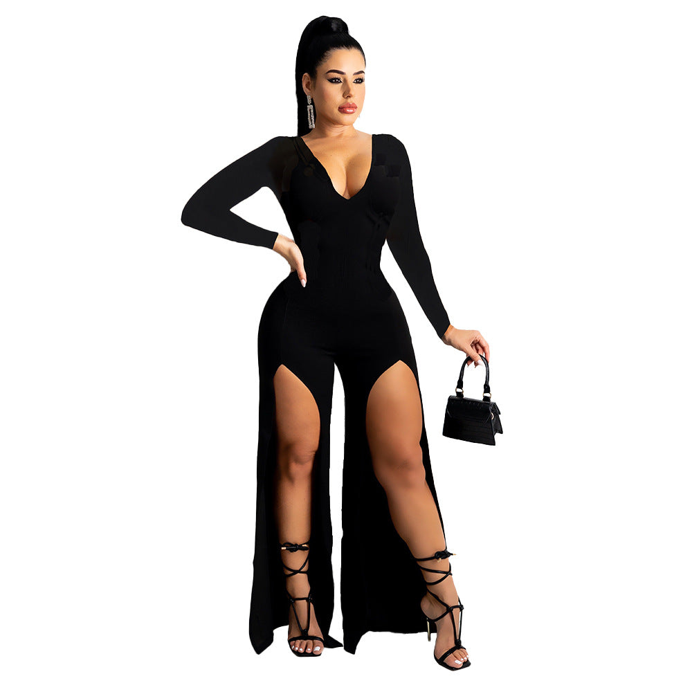 Women's V-neck Solid Color Split Leg Jumpsuit