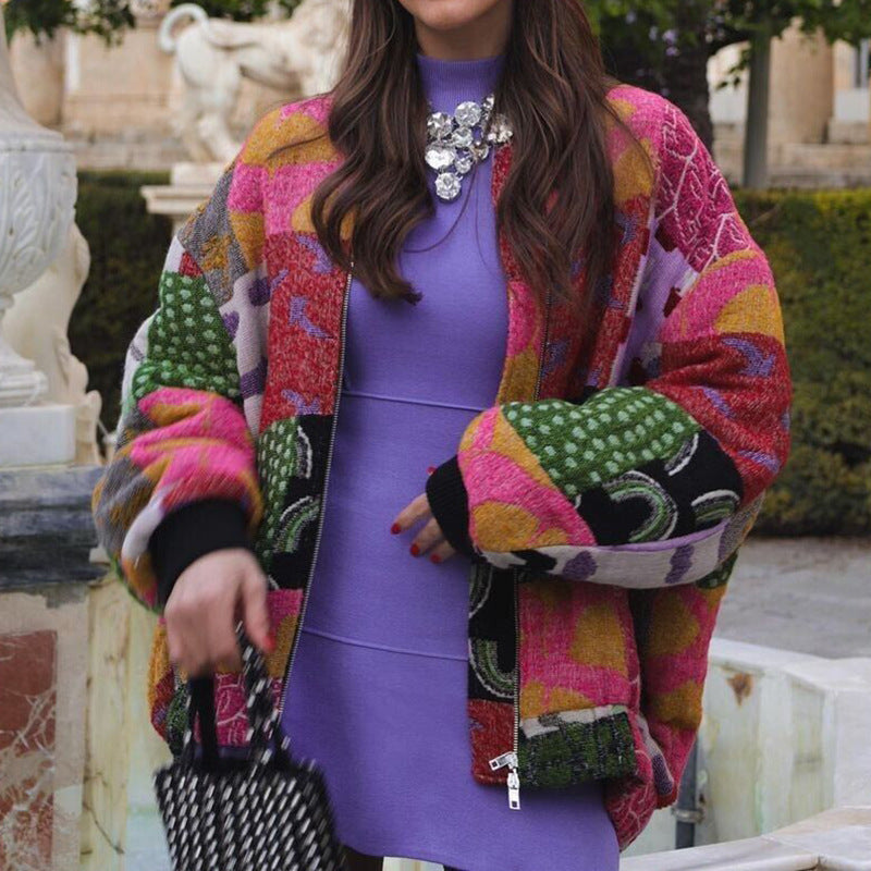 Women's Comfort And Casual Loose And Warm Geometric Printed Sweater Coat