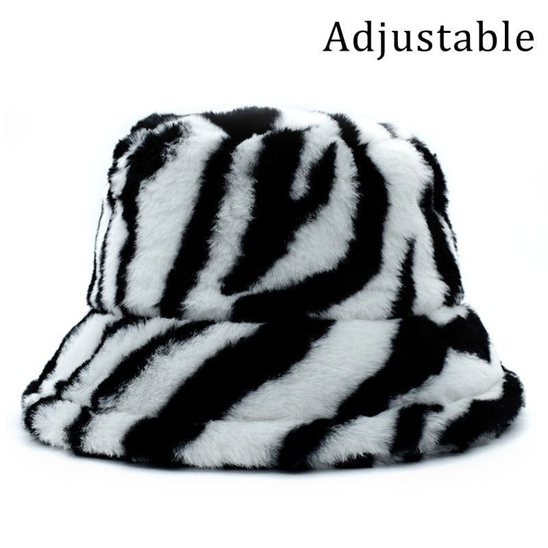 Winter Cow Leopard Faux Fur Fluffy Bucket Hats