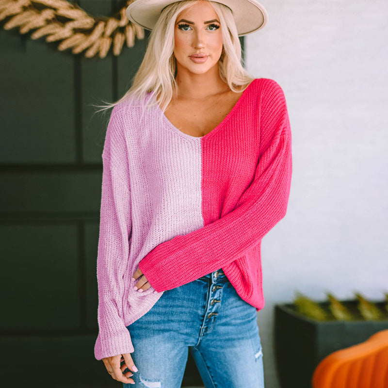 Women's Contrast Color V-neck Long-sleeved Pullover - QWIEL®