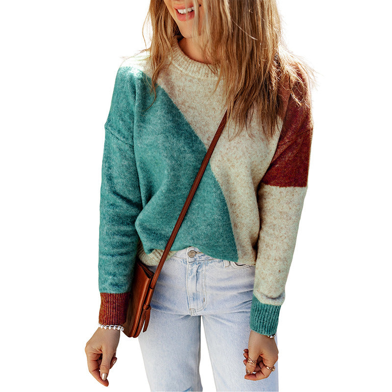 Women's Pullover Round Neck Multicolor Threaded Long Sleeve Top - QWIEL®