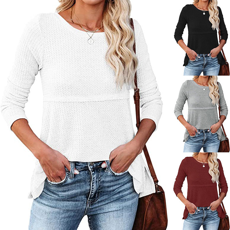 Women's Waffle Fashion Back Hollow Round Neck Long Sleeve Top