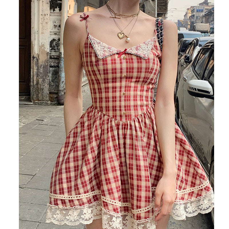 Women's Suspenders Red Plaid French Dress - QWIEL®