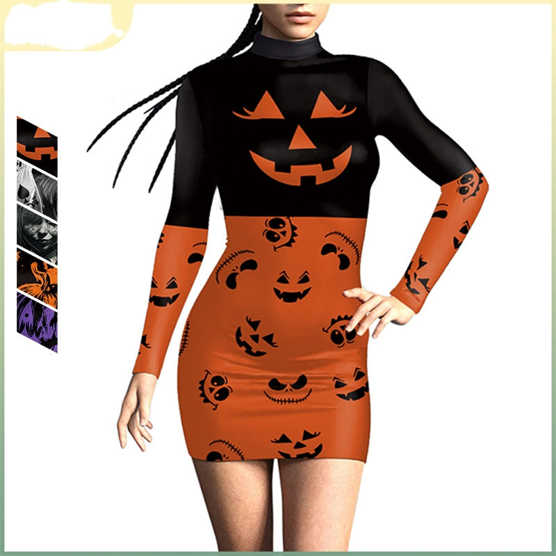 Women's 3D Digital Printing Pumpkin Slim-fit Long-sleeved Sexy Tight Hip Skirt