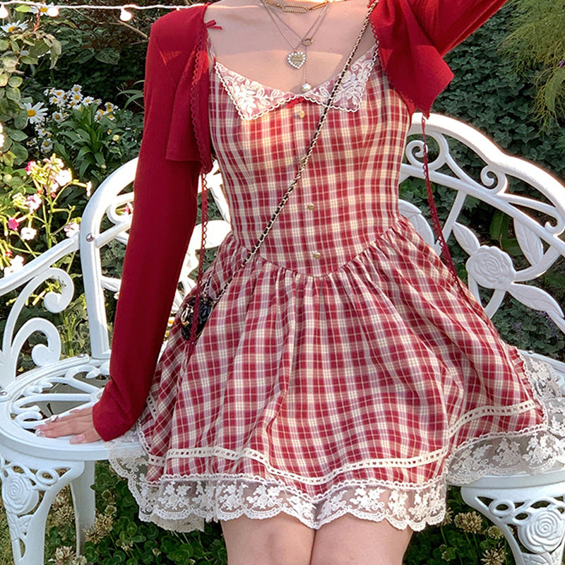 Women's Suspenders Red Plaid French Dress - QWIEL®