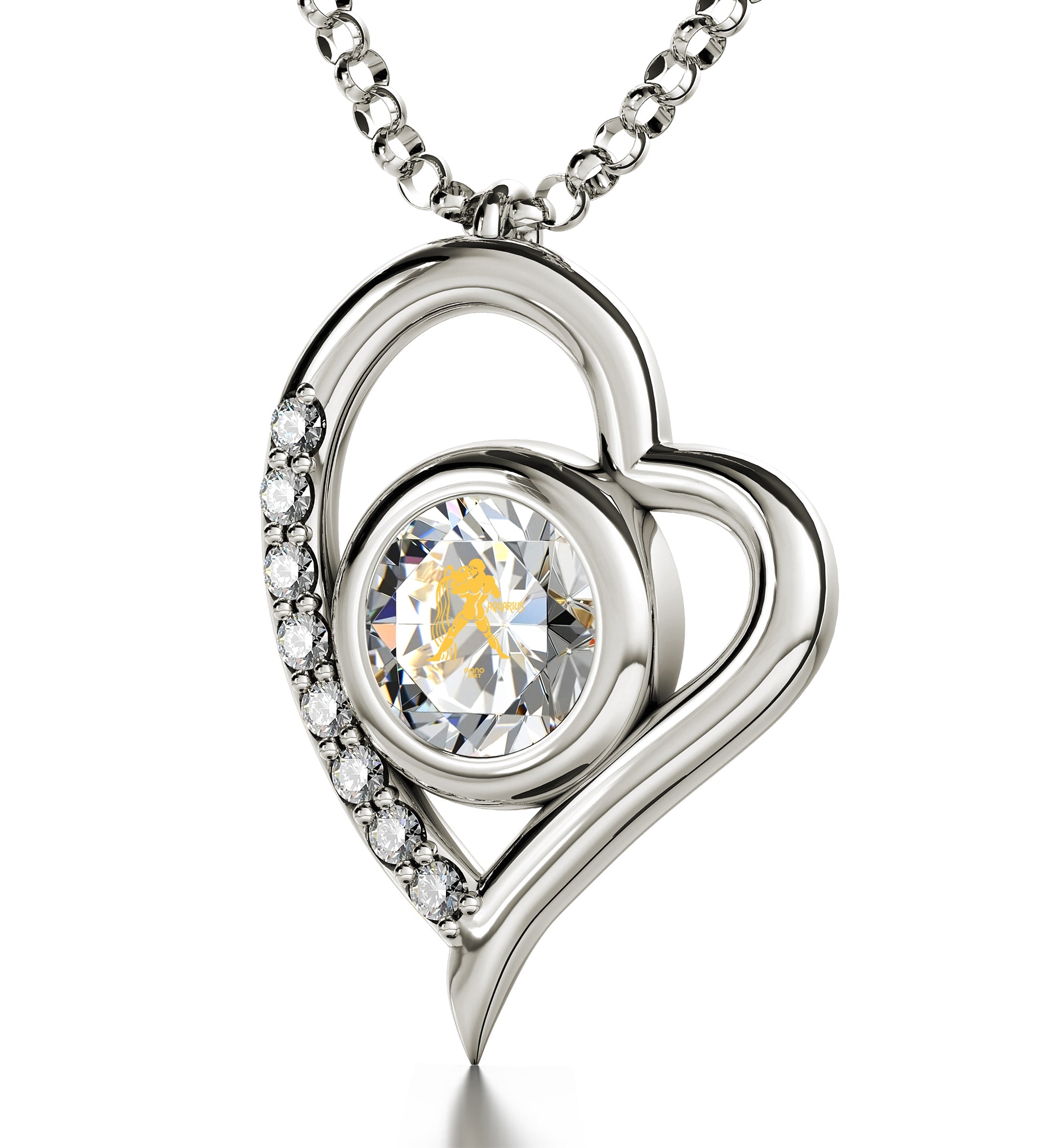 925 Sterling Silver Aquarius Necklace Zodiac Heart Pendant 24k Gold inscribed on Crystal