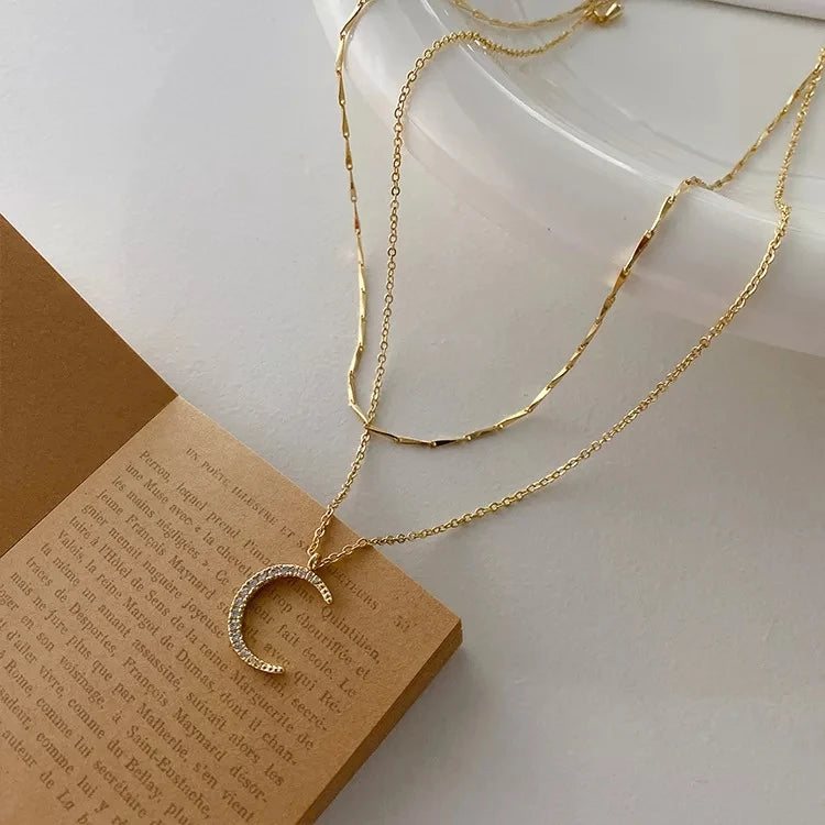 2022 High Quality Korean 14k Gold Plated Fine Jewelry Women Fairy Double Chains Necklaces for Female Star Moon Pendant Mom Gifts