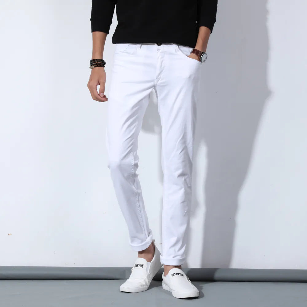 2020 New Autumn Men's Pure White Cotton Jeans Fashion Casual Slim Stretch Pants Male Brand Clothes