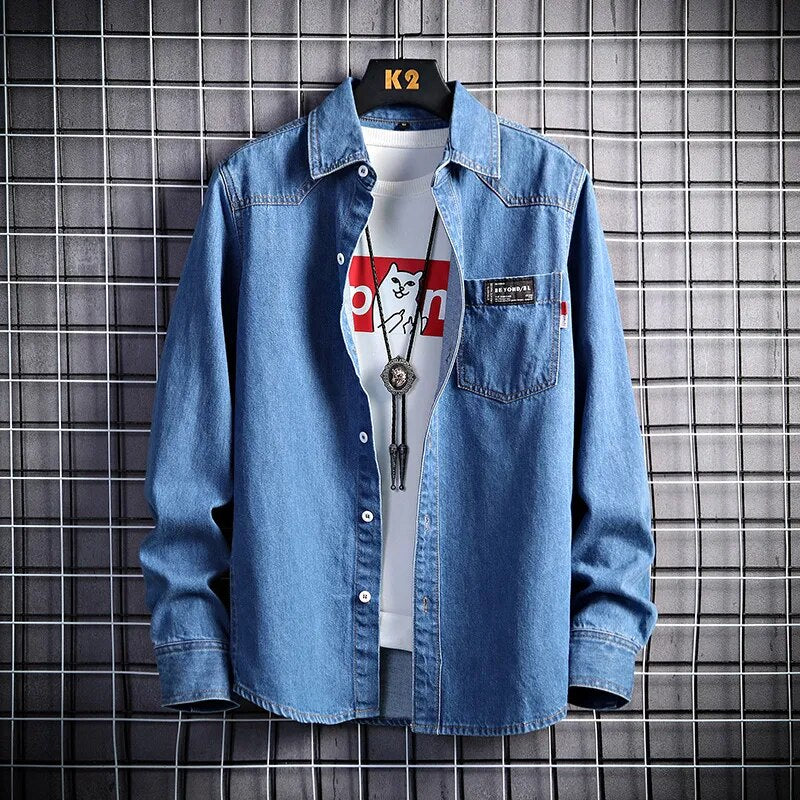 2022 Autumn New Retro Art Denim Shirt Fashion All-Match Tooling Jean Long Sleeve Shirt Male Brand Thin Section Cowboy Jacket