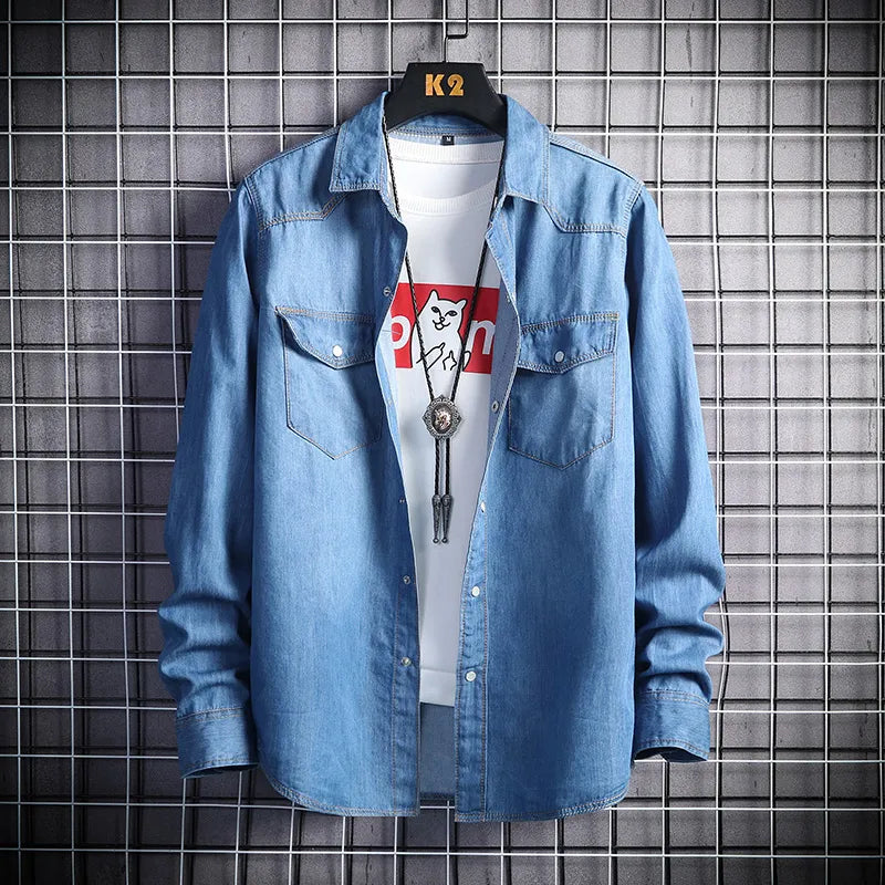 2022 Autumn New Retro Art Denim Shirt Fashion All-Match Tooling Jean Long Sleeve Shirt Male Brand Thin Section Cowboy Jacket