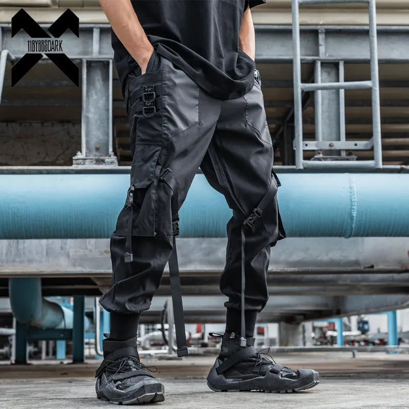 11 BYBB'S DARK Tactical Functional Cargo Pants Joggers Men Trousers Hip Hop Streetwear Ribbons Multi-pocket Pants Black WB189