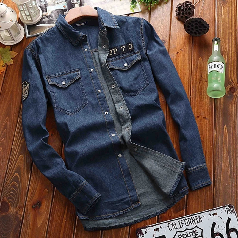 2023 Spring New Men'S Casual Fashion Denim Long Sleeve Shirt Blue Lapel Double Pocket Loose Top Pure Cotton Denim Shirt Jacket