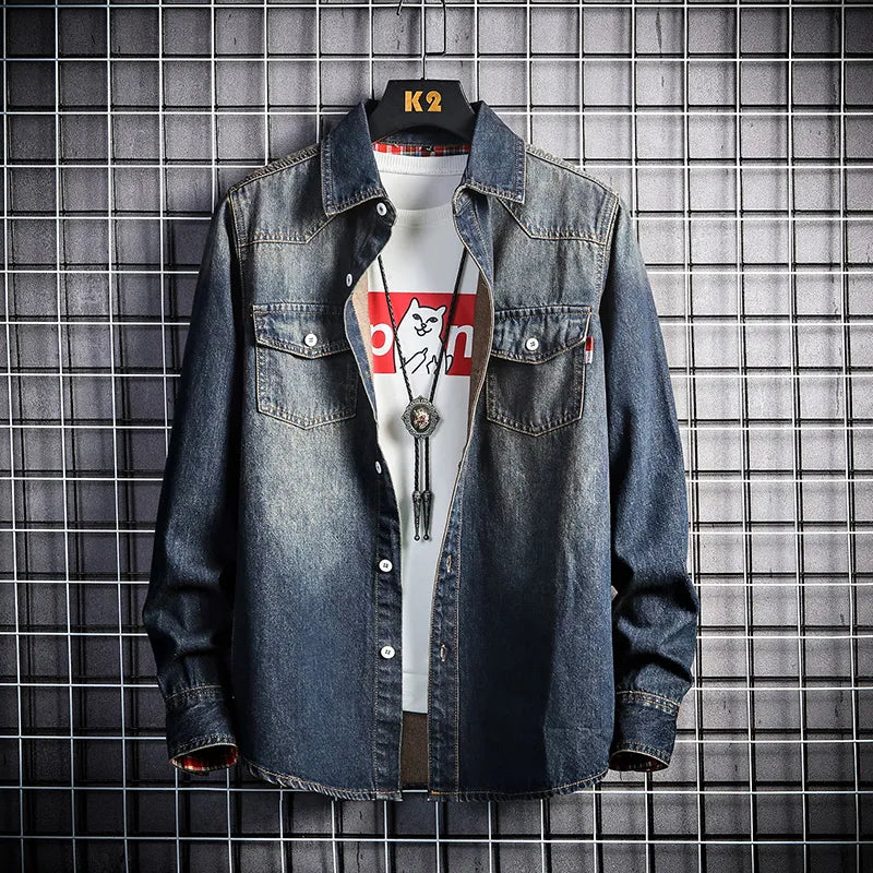 2022 Autumn New Retro Art Denim Shirt Fashion All-Match Tooling Jean Long Sleeve Shirt Male Brand Thin Section Cowboy Jacket