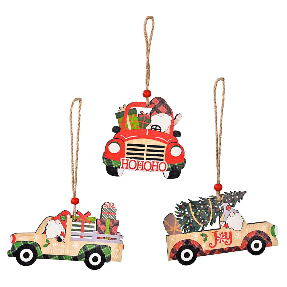 1pc New Year 2022 Gifts Christmas Car Gift Santa Wooden Pendant Xmas DIY Christmas Decorations for Home Ornaments Noel Navidad