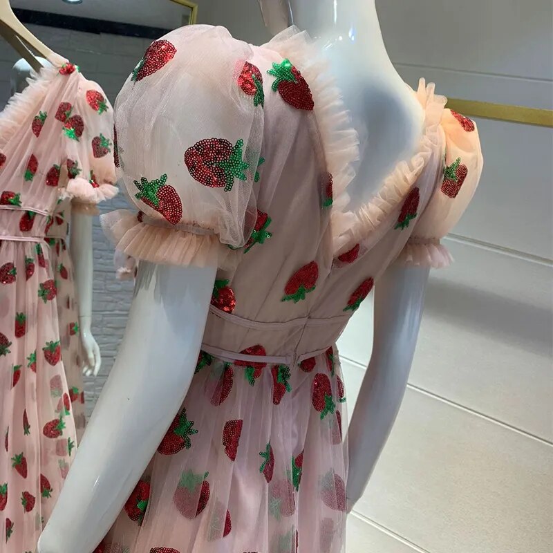 Women Long Party Strawberry Dress Summer Sequin Mesh Sweet Lolita High Waist Black Pink Tulle Maxi Dress Original Quality