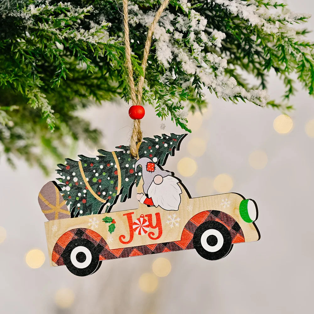 1pc New Year 2022 Gifts Christmas Car Gift Santa Wooden Pendant Xmas DIY Christmas Decorations for Home Ornaments Noel Navidad