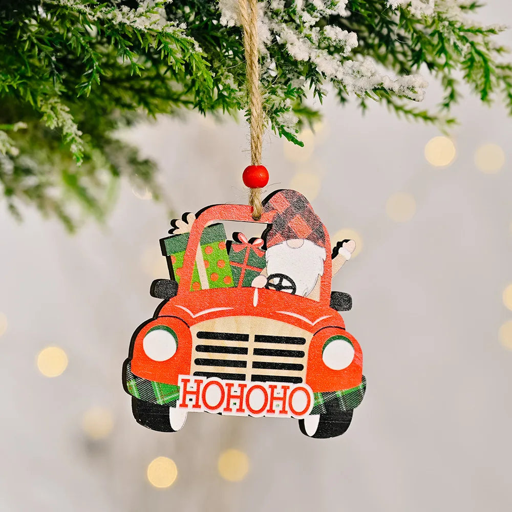 1pc New Year 2022 Gifts Christmas Car Gift Santa Wooden Pendant Xmas DIY Christmas Decorations for Home Ornaments Noel Navidad