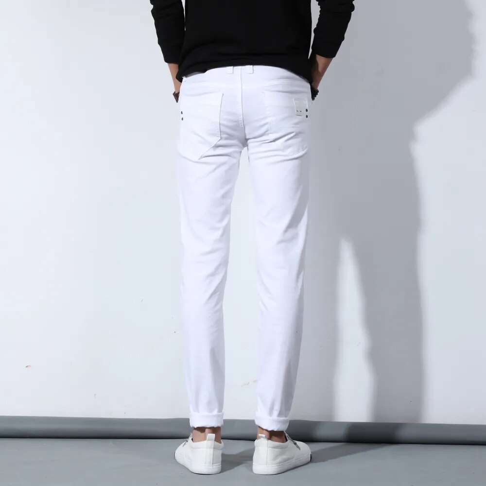 2020 New Autumn Men's Pure White Cotton Jeans Fashion Casual Slim Stretch Pants Male Brand Clothes