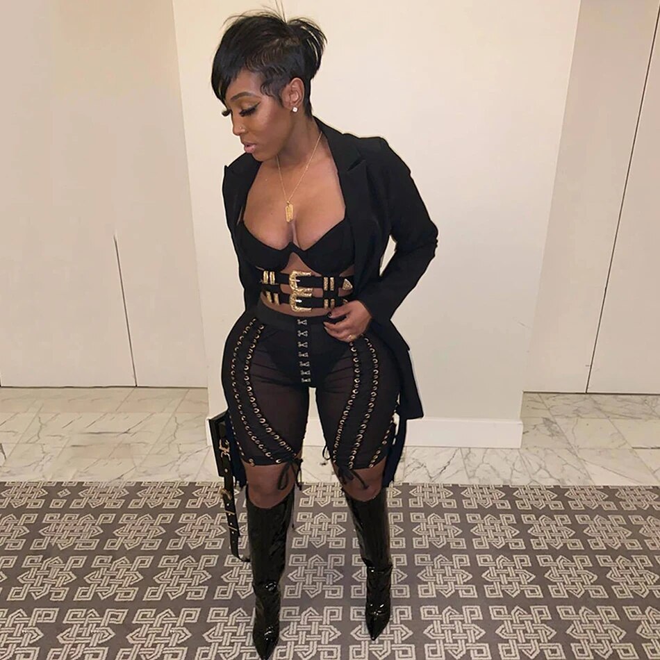 2021 New Sexy Women's Set Long Sleeve Cutout Jacket and Perspective Mesh Tassel Pants 2 Two Piece Club Celebrity Party Pants Set