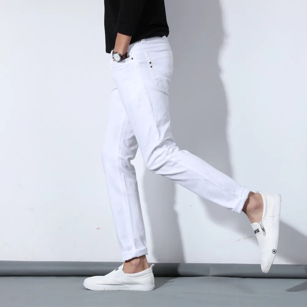 2020 New Autumn Men's Pure White Cotton Jeans Fashion Casual Slim Stretch Pants Male Brand Clothes