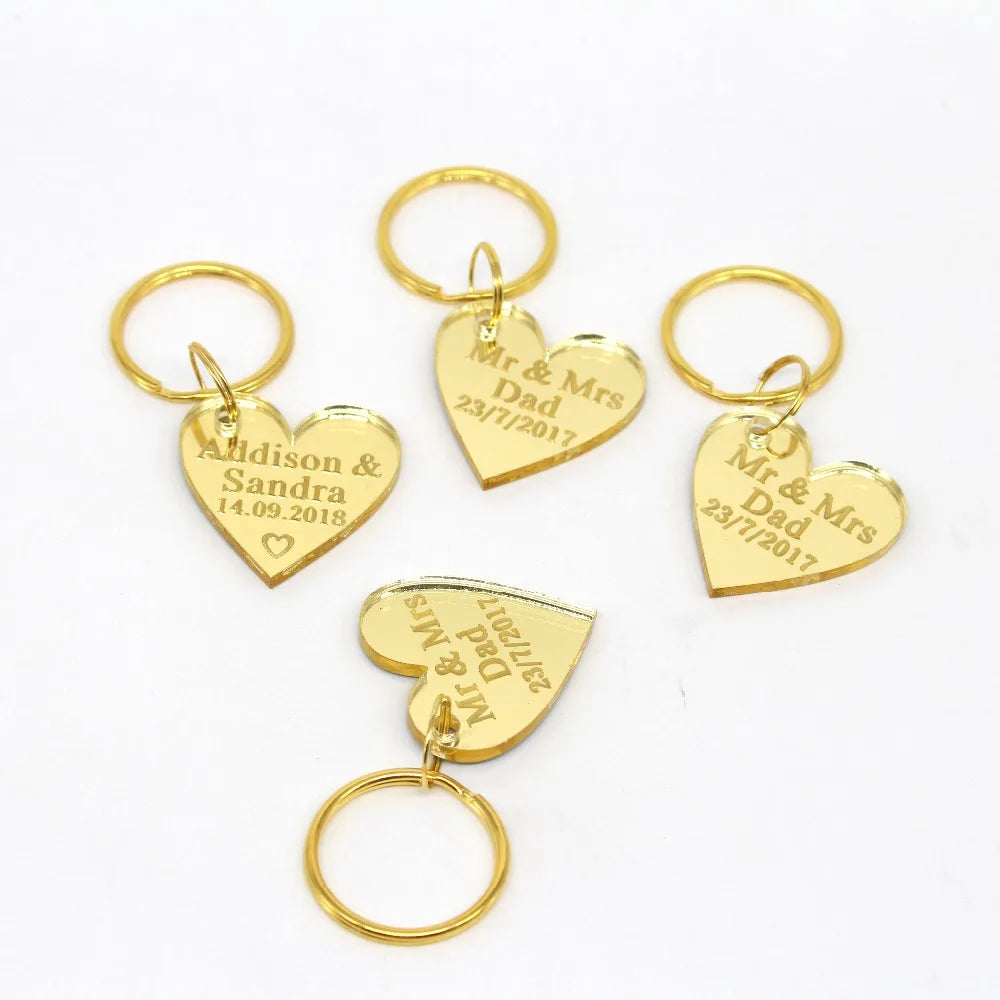30 Pieces Personalized Engraved Love Heart Key Chain Gold Acrylic Engagement Birthday Party Gift Custom Key Ring Wedding Favors