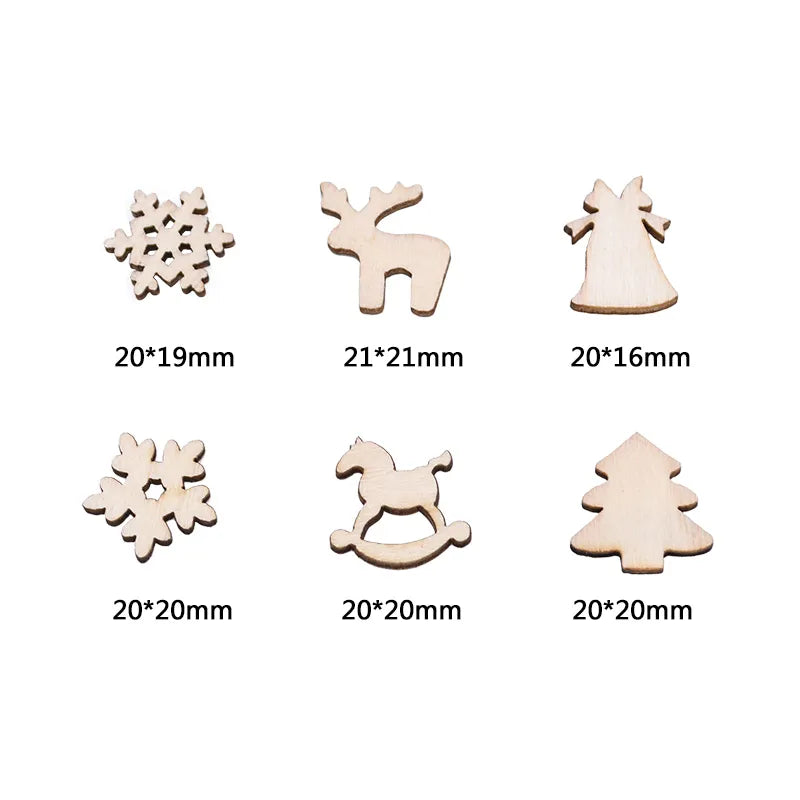 100Pcs Christmas Wooden Pendants Ornaments DIY Wood Crafts Xmas Tree Ornaments Snowflake Christmas Party Decorations for home