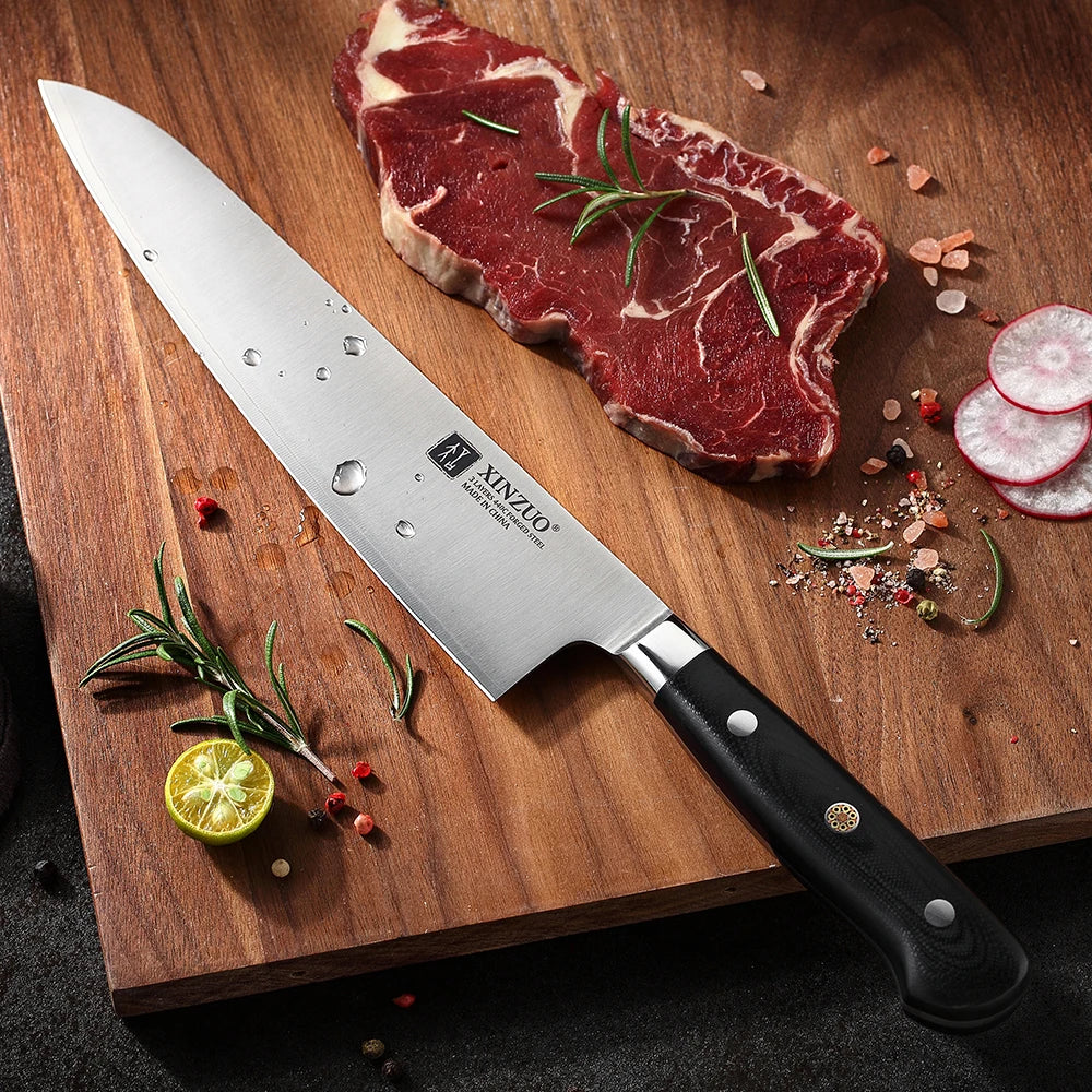 XINZUO 210mm Chef Knife 3 Layer 440C Core Clad Steel Kitchen Knives Stainless Steel Sharp Butchers Gyutou Knife with G10 Handle