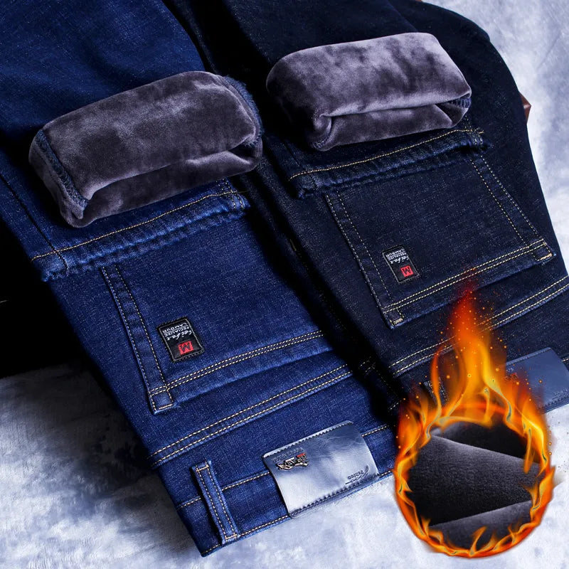 2023 Winter New Men's Warm Slim Fit Jeans Business Fashion Thicken Denim Trousers Fleece Stretch Brand Pants Black Blue