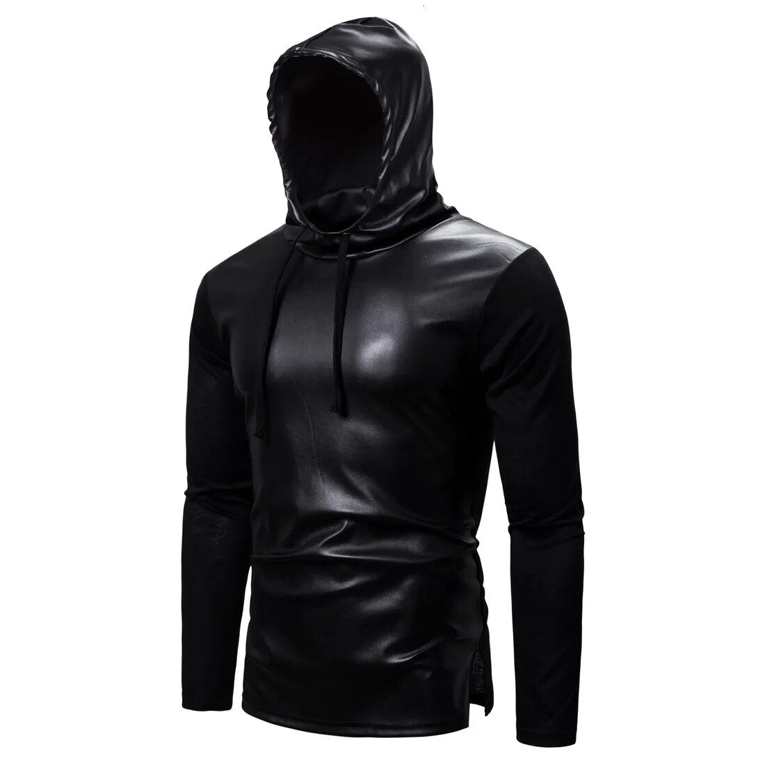 2023 Men's PU Sweatshirts Coat Male Slim Fit Faux Leather Hooded Jacket Black Tops S-2XL