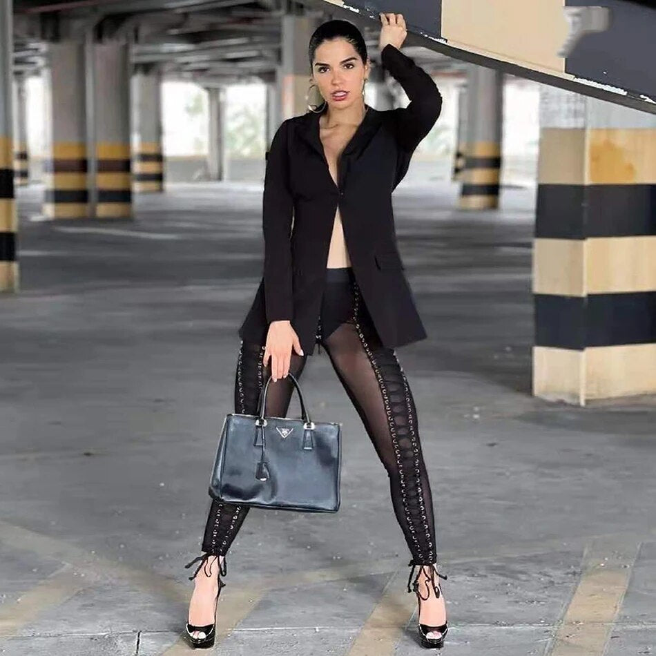 2021 New Sexy Women's Set Long Sleeve Cutout Jacket and Perspective Mesh Tassel Pants 2 Two Piece Club Celebrity Party Pants Set