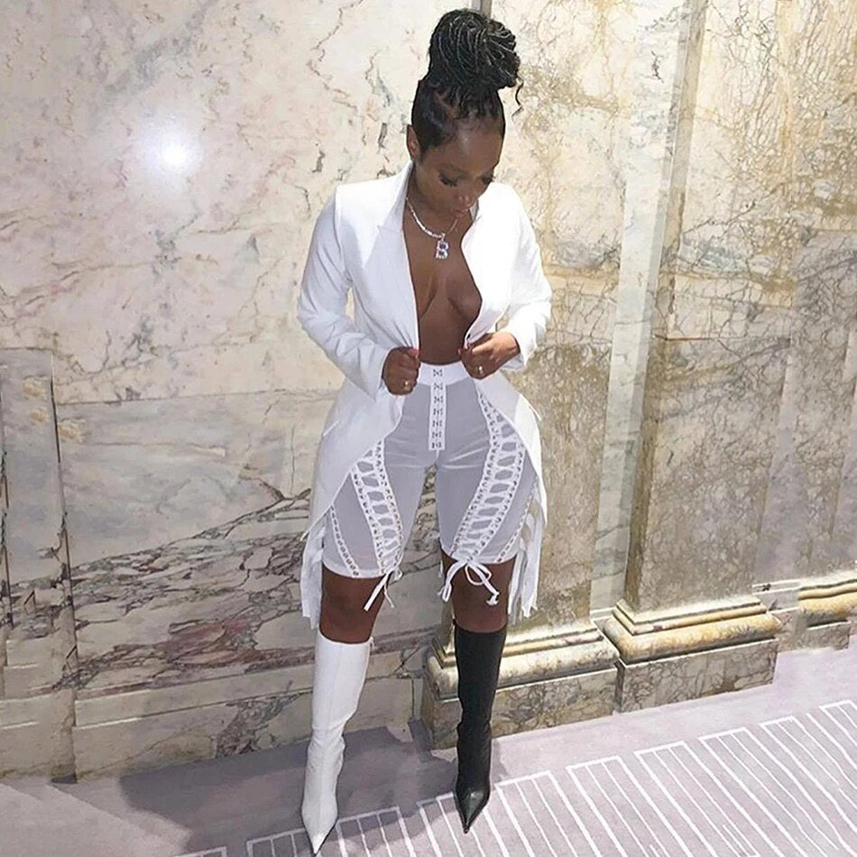 2021 New Sexy Women's Set Long Sleeve Cutout Jacket and Perspective Mesh Tassel Pants 2 Two Piece Club Celebrity Party Pants Set