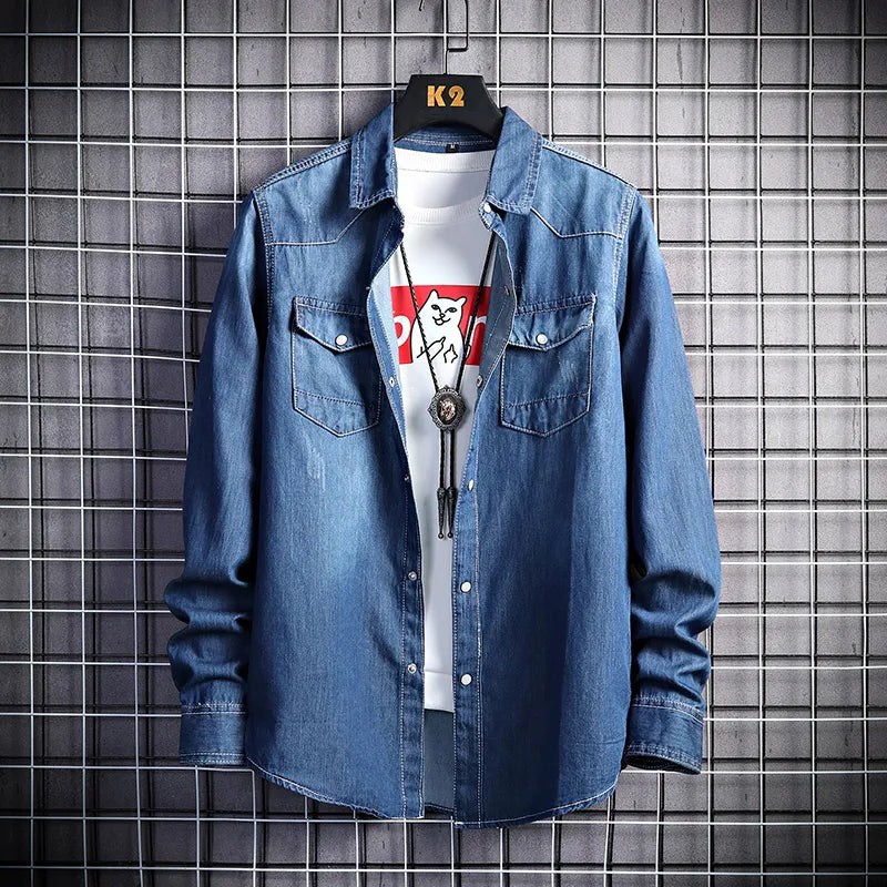 2022 Autumn New Retro Art Denim Shirt Fashion All-Match Tooling Jean Long Sleeve Shirt Male Brand Thin Section Cowboy Jacket