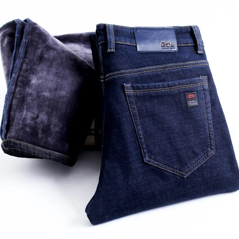 2023 Winter New Men's Warm Slim Fit Jeans Business Fashion Thicken Denim Trousers Fleece Stretch Brand Pants Black Blue