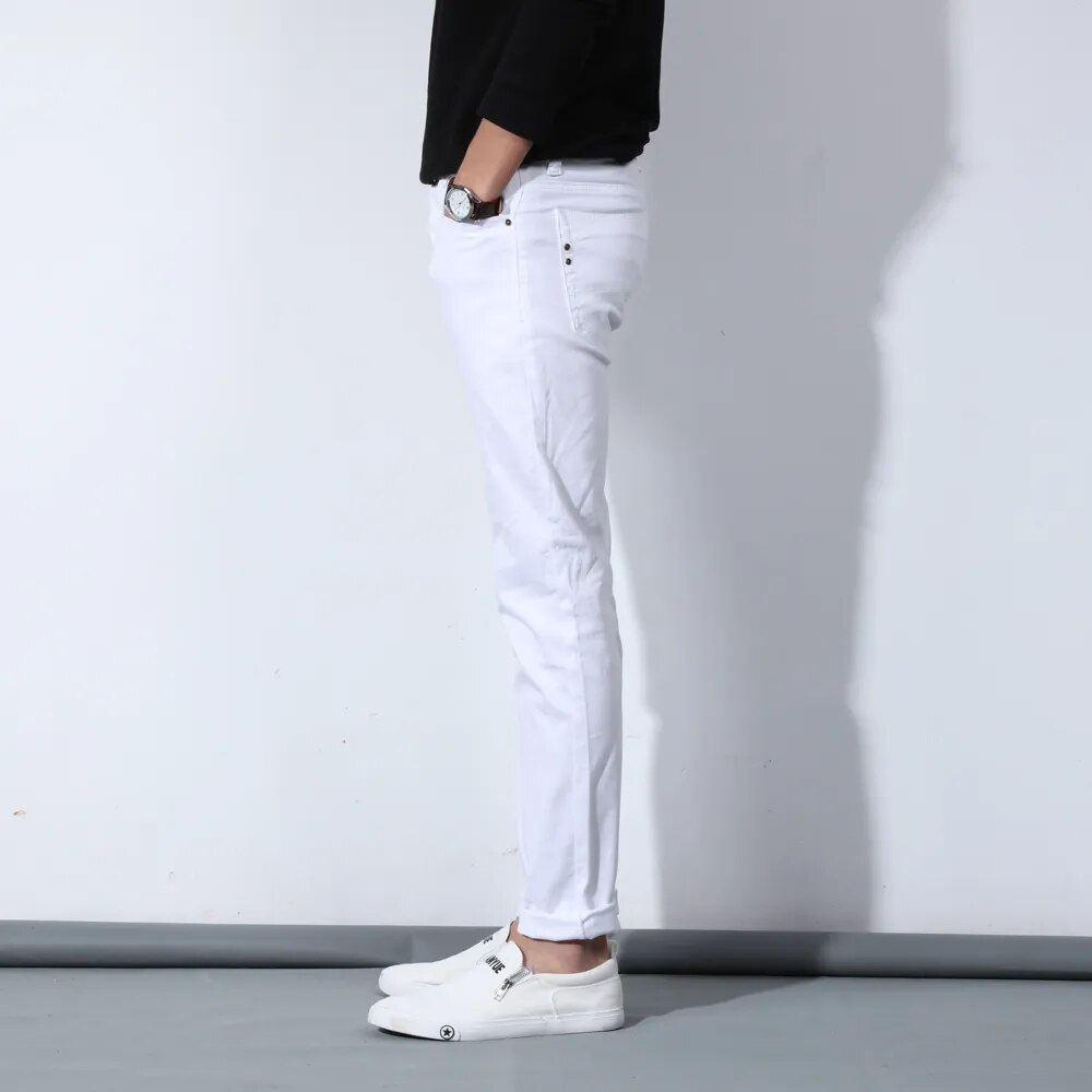 2020 New Autumn Men's Pure White Cotton Jeans Fashion Casual Slim Stretch Pants Male Brand Clothes