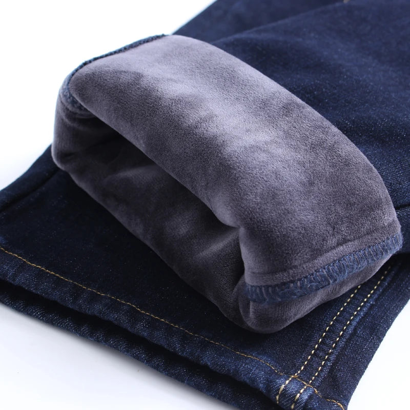 2023 Winter New Men's Warm Slim Fit Jeans Business Fashion Thicken Denim Trousers Fleece Stretch Brand Pants Black Blue