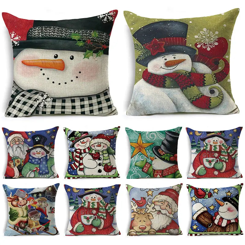 WZH Christmas Santa Snowman Pillowcase Sofa Car Cushion Home Decoration Linen Cushion Cover Christmas Gift 18*18 inch